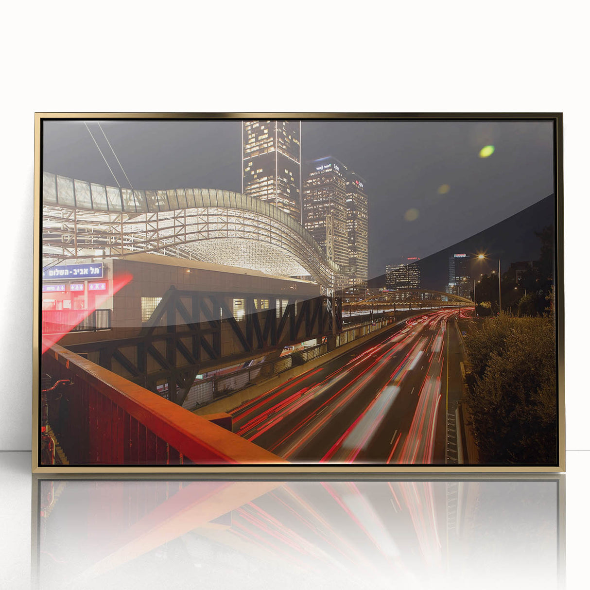 Large art print of Tel Aviv skyline in muted gold tones on framed acrylic, ideal for modern art wall decor.
