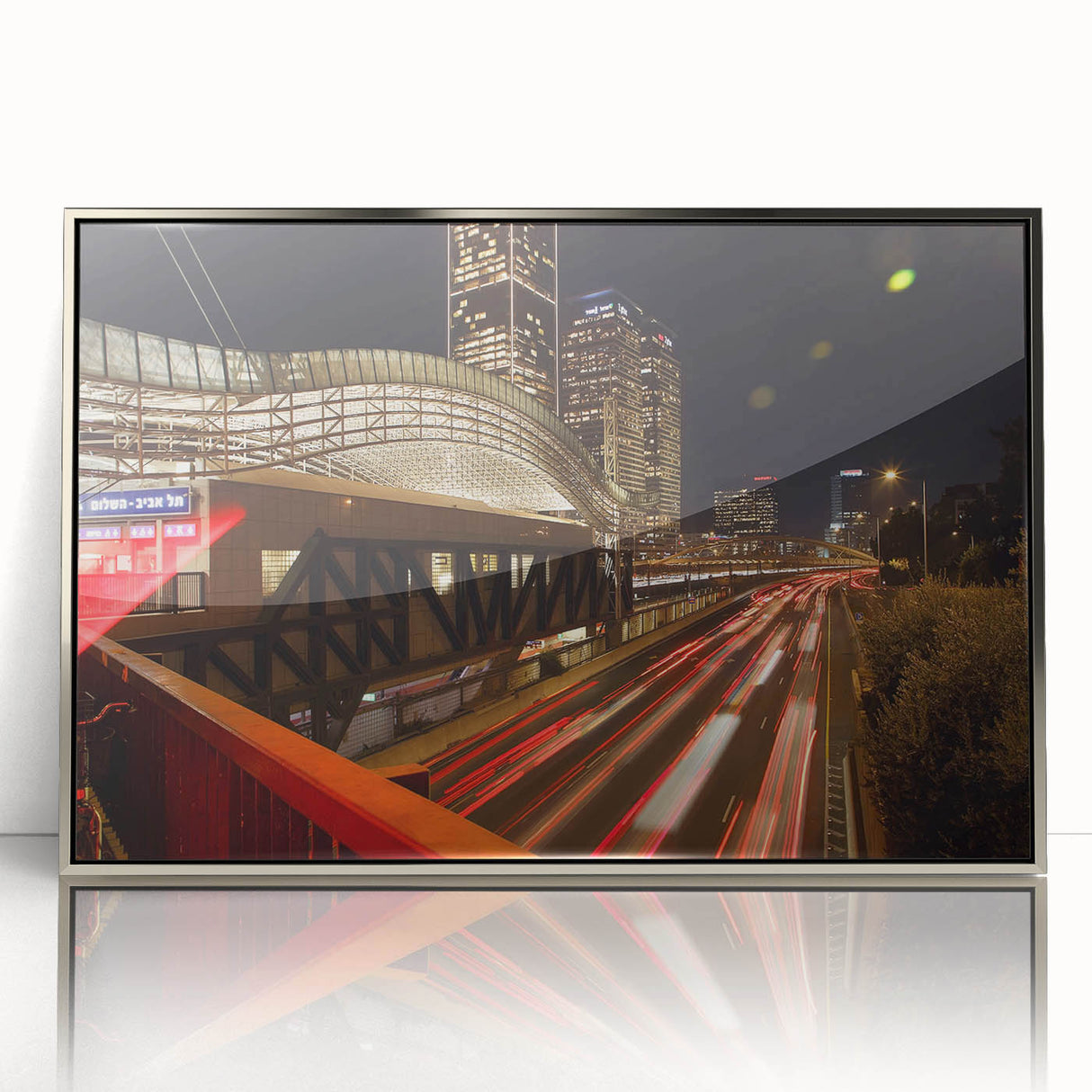 Mid-century modernist art of Tel Aviv skyline in silver acrylic frame, ideal for modern art wall decor.