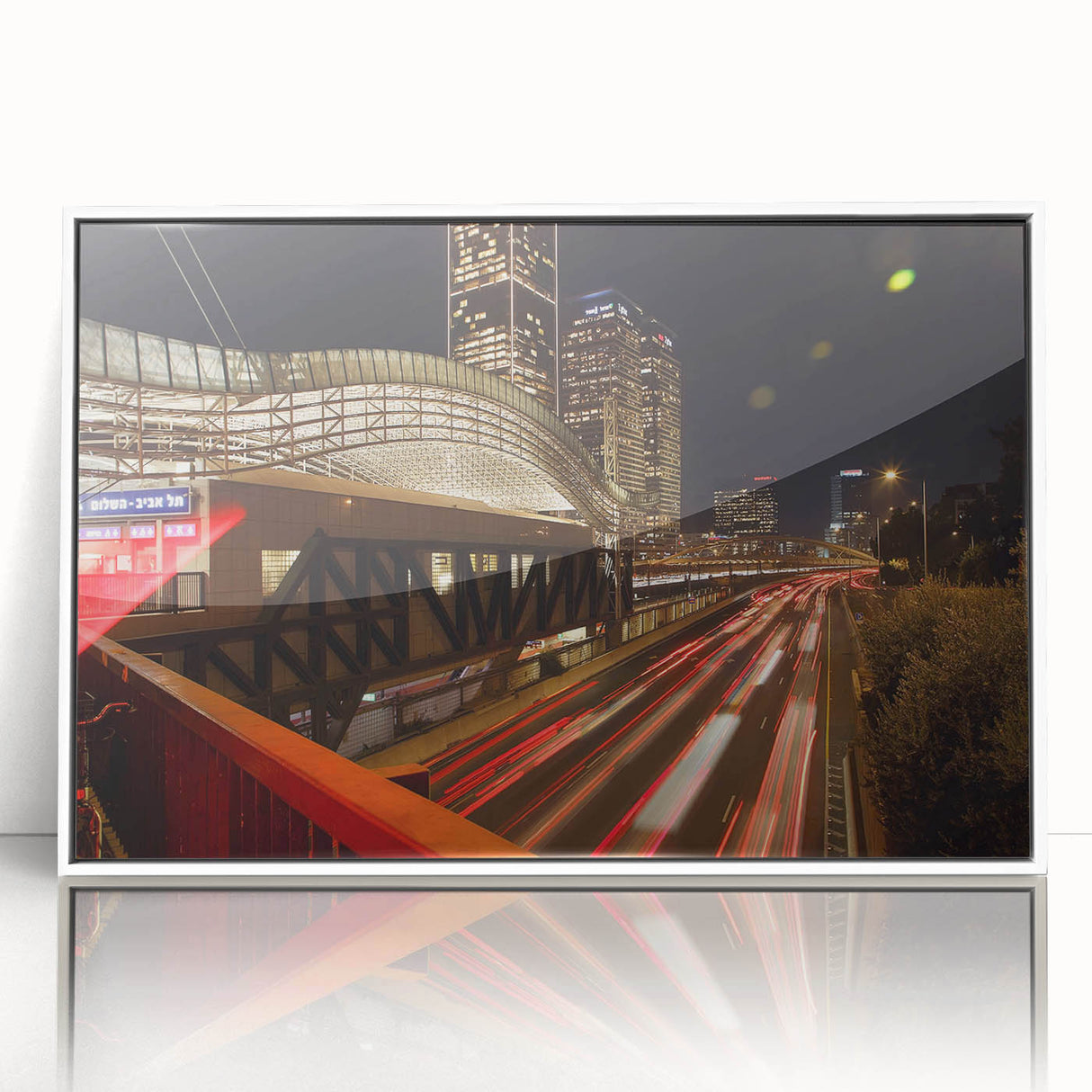 Art deco poster of Tel Aviv skyline in muted pastel shades on white framed acrylic, suitable for modern nursery wall art.