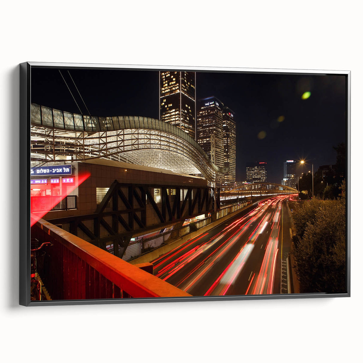 Black and white framed canvas of Tel Aviv landscape, ideal for bedroom wall art in vintage poster style.