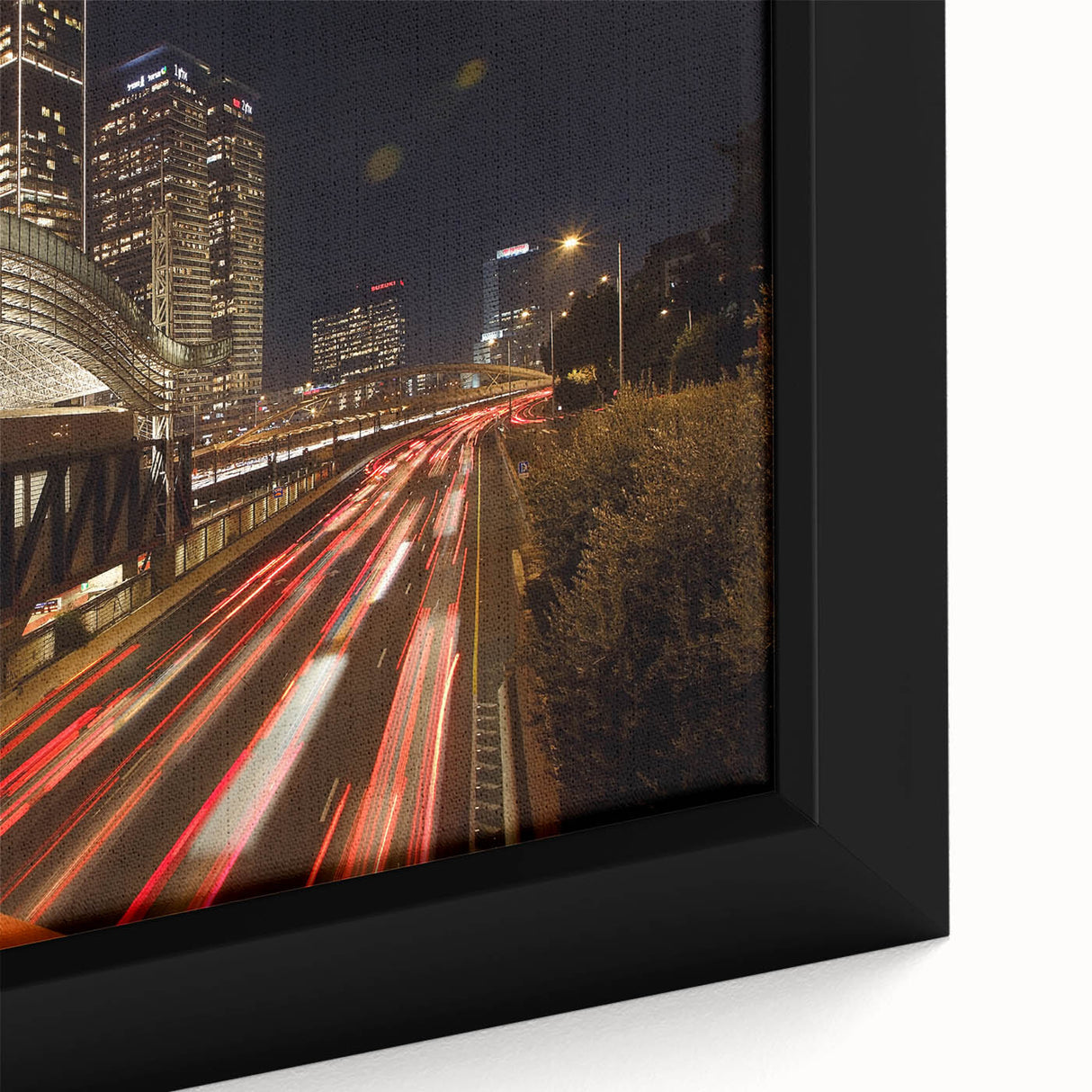 Extra large framed canvas depicting a textured, colorful Tel Aviv cityscape in black, ideal for living room decor.
