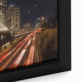 Extra large framed canvas depicting a textured, colorful Tel Aviv cityscape in black, ideal for living room decor.