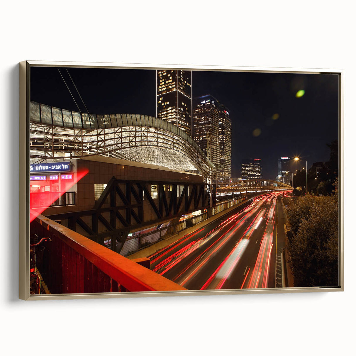 Framed canvas of Tel Aviv landscape with vintage poster style in black, gold, and gray tones, suitable for bedroom wall art.