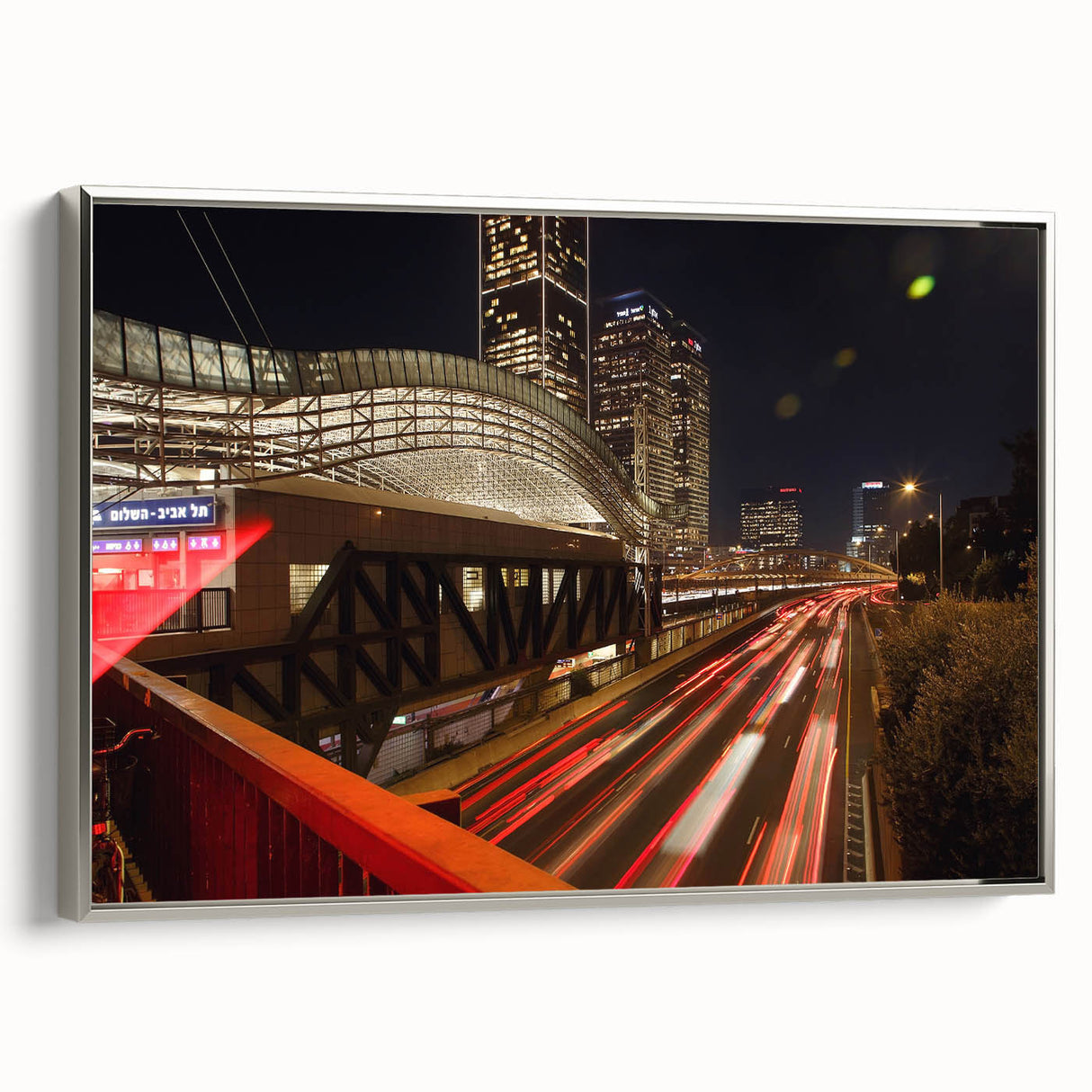Framed canvas landscape art painting featuring a vintage-style view of Tel Aviv in muted colors, ideal for office decor.