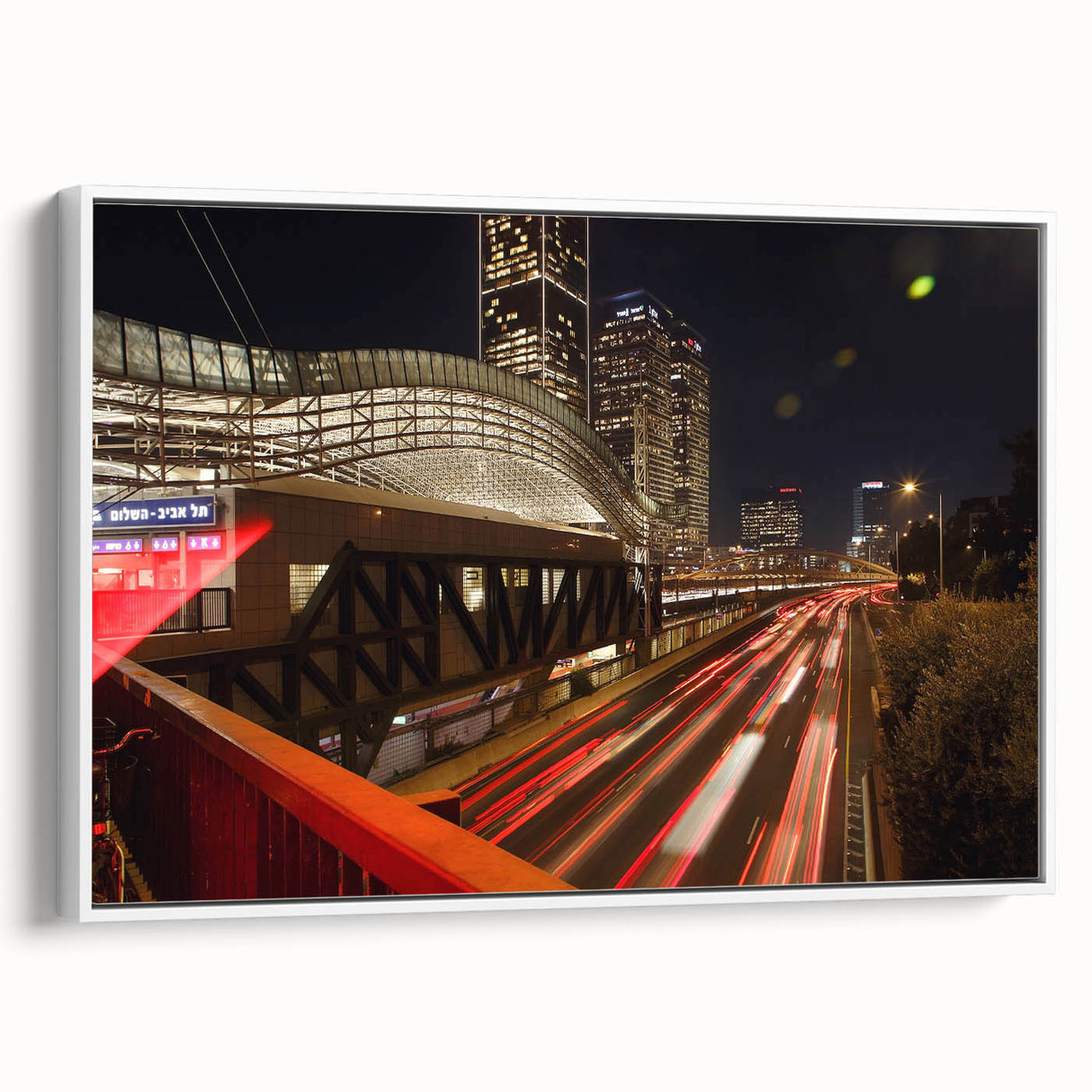Vintage poster art of Tel Aviv skyline in vibrant colors on a large framed canvas, ideal for living room decor.