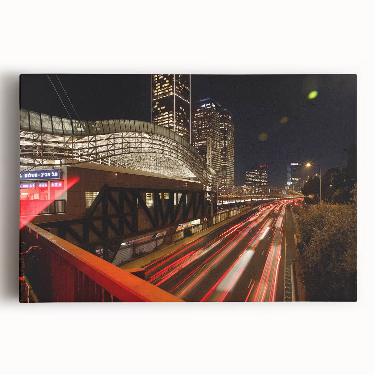 Black and white stretched canvas of Tel Aviv skyline, ideal for kitchen wall art.