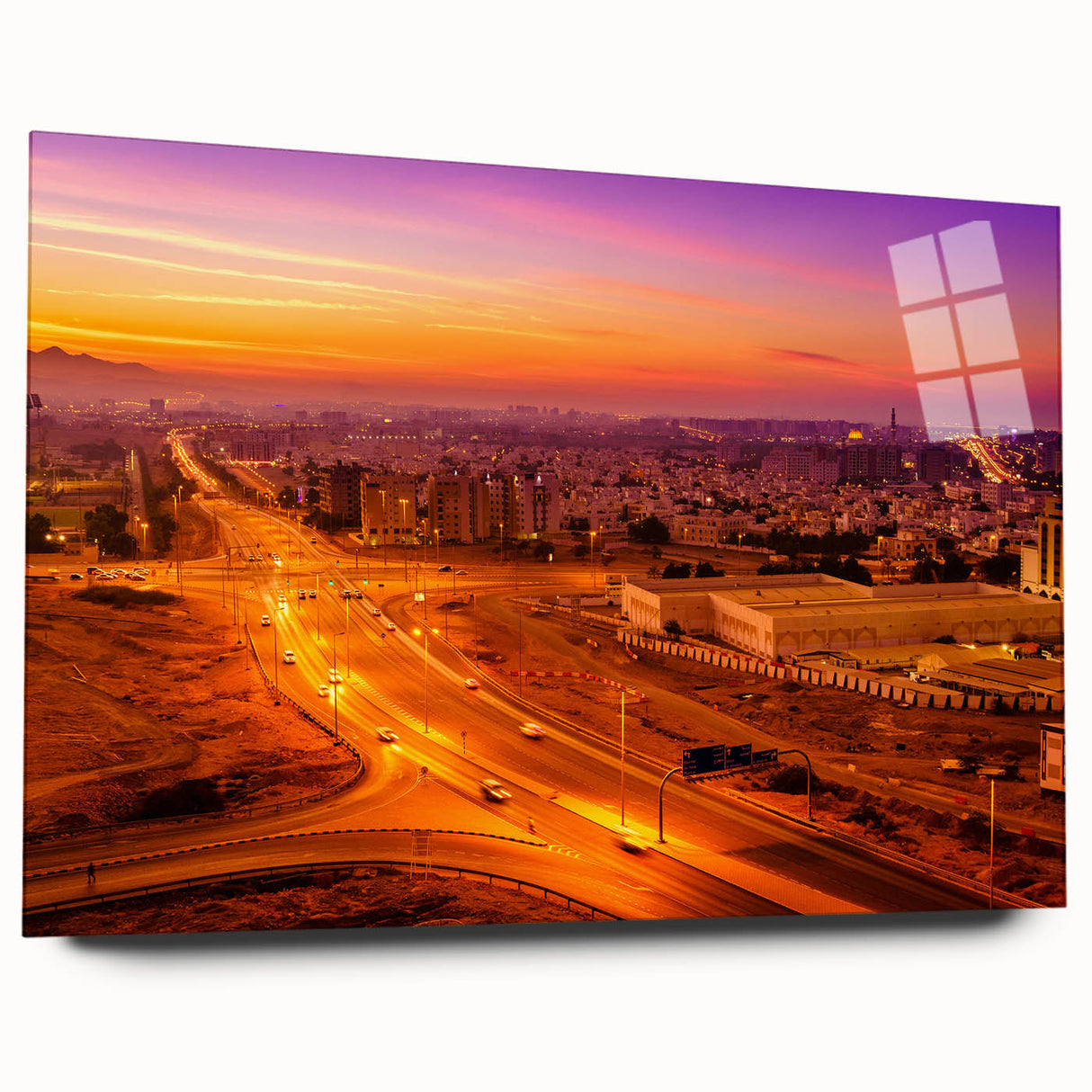 Acrylic print of an abstract Middle Eastern scenery in muted earth tones, suitable for bedroom or dining room decor.