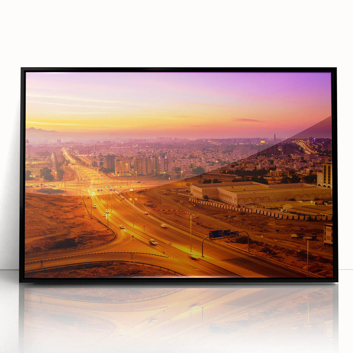Large abstract wall art depicting a Middle Eastern Omani landscape in muted earth tones on a framed acrylic.