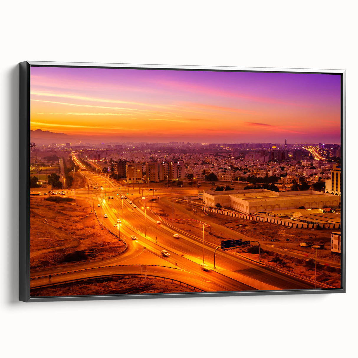 Black and white landscape art of Oman on framed canvas, ideal for bedroom wall decor.