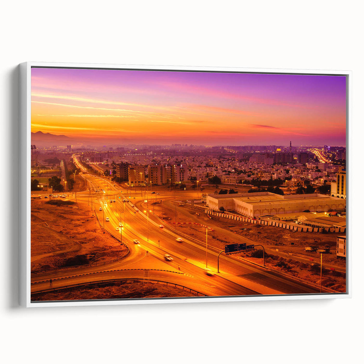 Vintage poster art of a Middle Eastern scenery on a framed canvas, featuring vibrant colorful details.