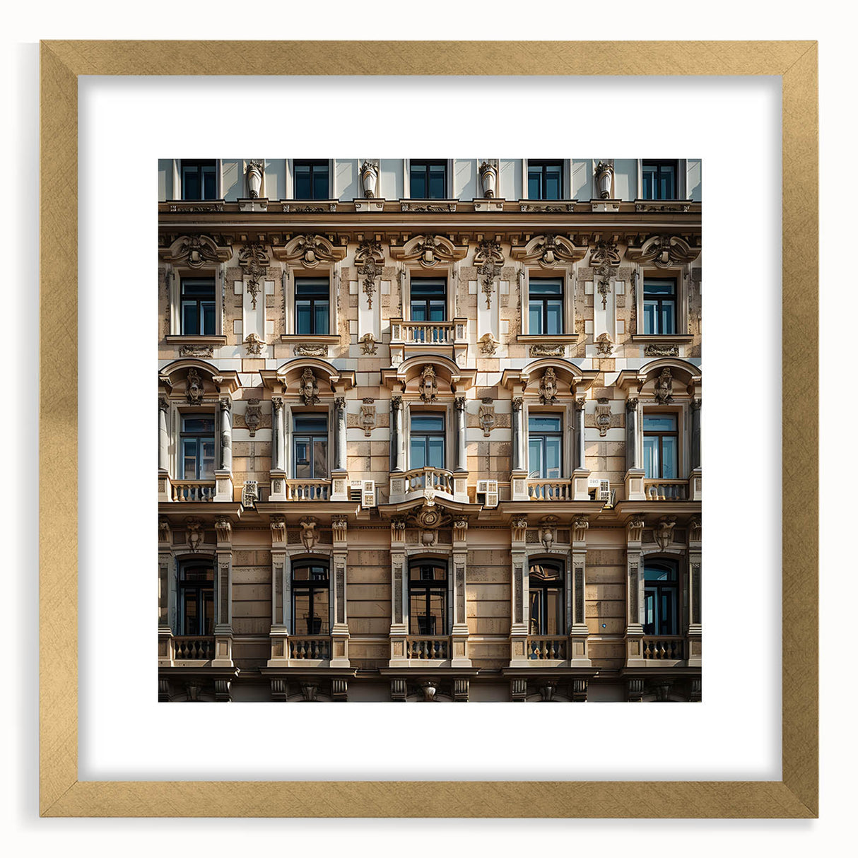 Extra large abstract art print of a Middle Eastern desert scenery in gold and beige tones on a framed canvas.