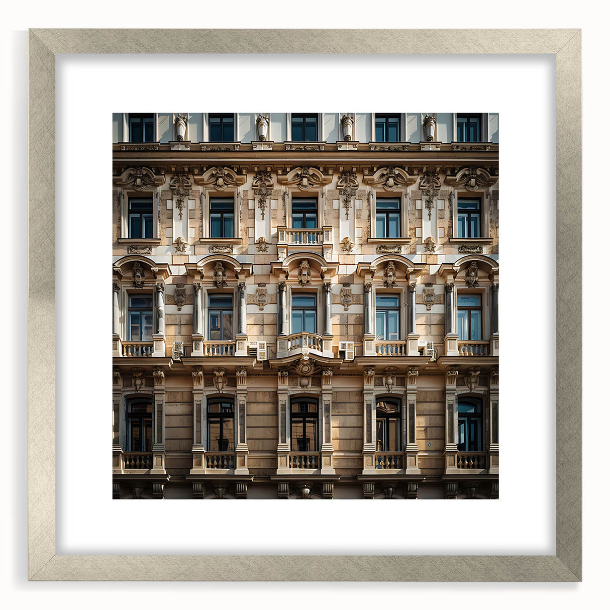 Textured abstract art print depicting a Middle Eastern scenery in muted earth tones on a silver-framed canvas.