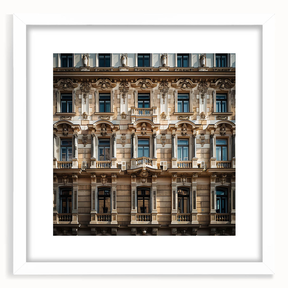 Abstract art print depicting a stylized Saudi Arabian landscape in muted earth tones, framed with a white mat.