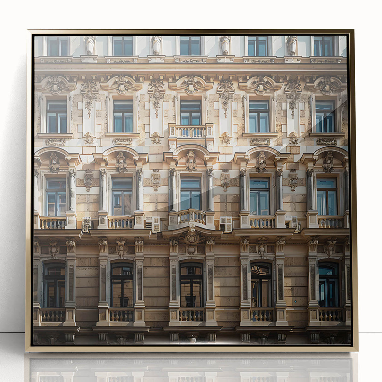 Framed acrylic print of a mid-century modernist Saudi Arabian scenery in gold and earth tones.
