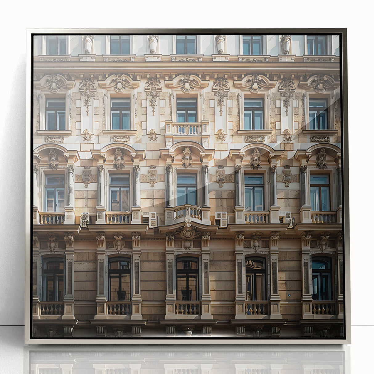 Mid-century modernist art depicting a silver-toned Saudi Arabian landscape on framed acrylic.