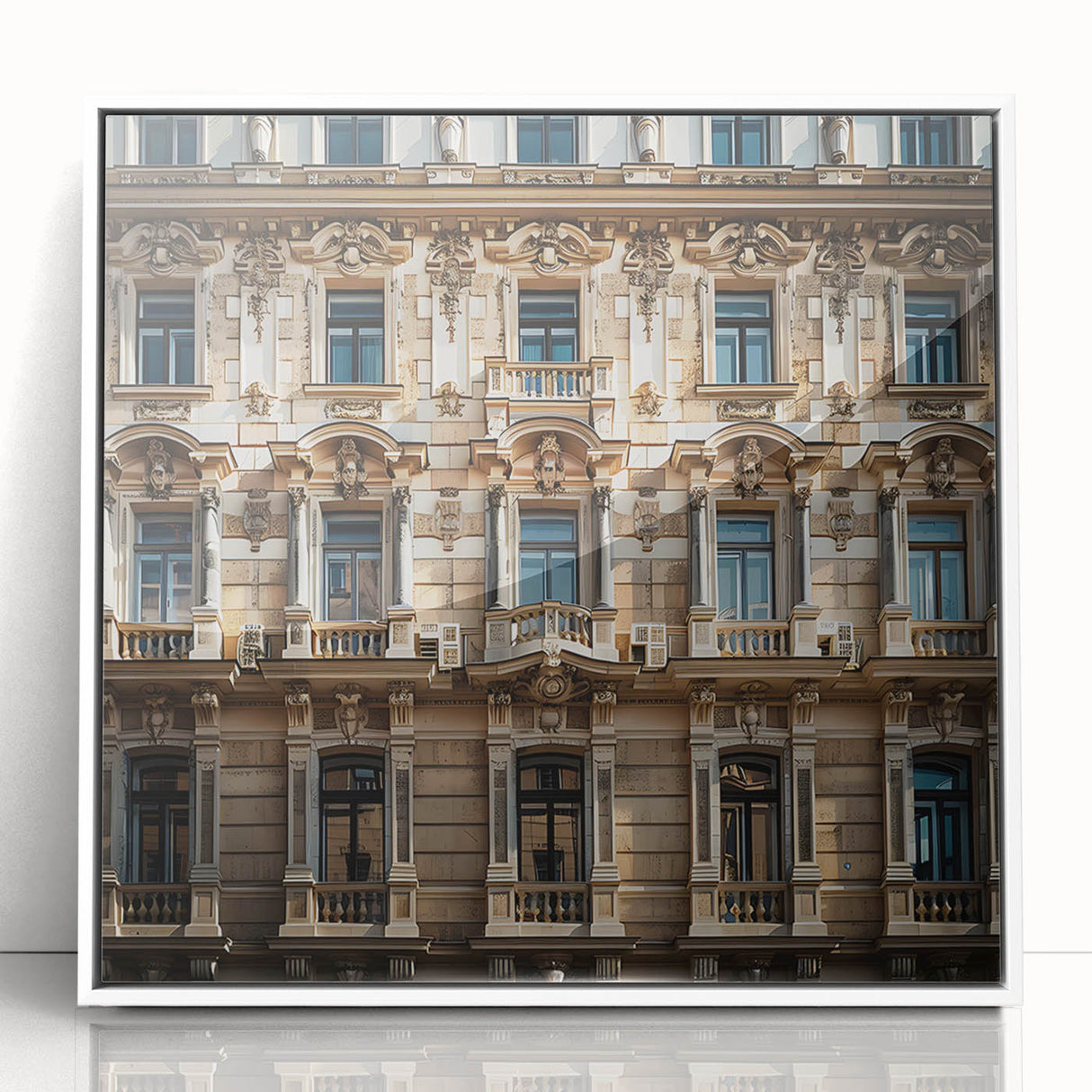 Acrylic print of a Saudi Arabian landscape in muted earth tones, framed in white, suitable for modern art wall decor.