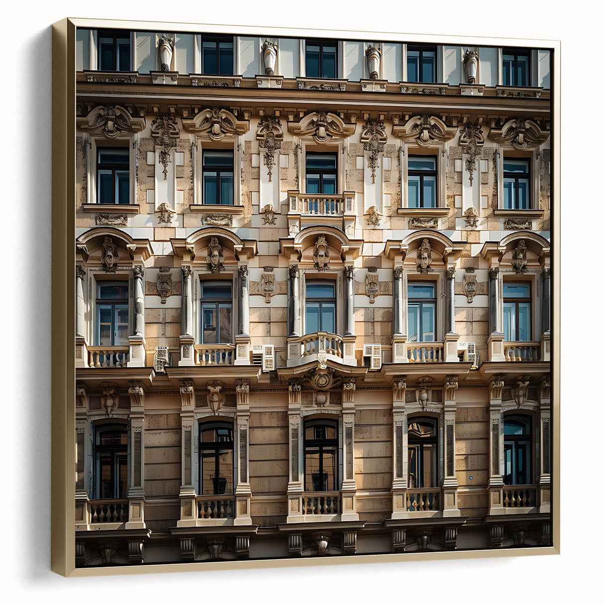 Framed canvas featuring a vintage-style landscape painting of a Saudi Arabian scenery in silver and gold tones.
