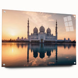 Large abstract depiction of Abu Dhabi skyline in muted gray and blue tones on acrylic glass.