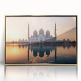 Large acrylic print of Abu Dhabi skyline in gold tones, framed, ideal for modern art wall decor.