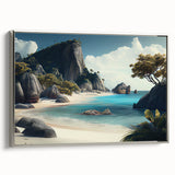 Framed canvas depicting a vintage-style landscape of the Fiji coastline, with vibrant blue and green tones.