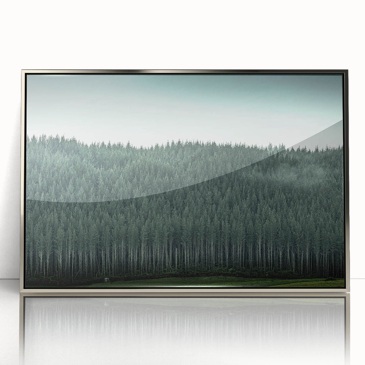 Mid-century modernist art depicting Auckland skyline in muted blue and silver tones on a framed acrylic print.