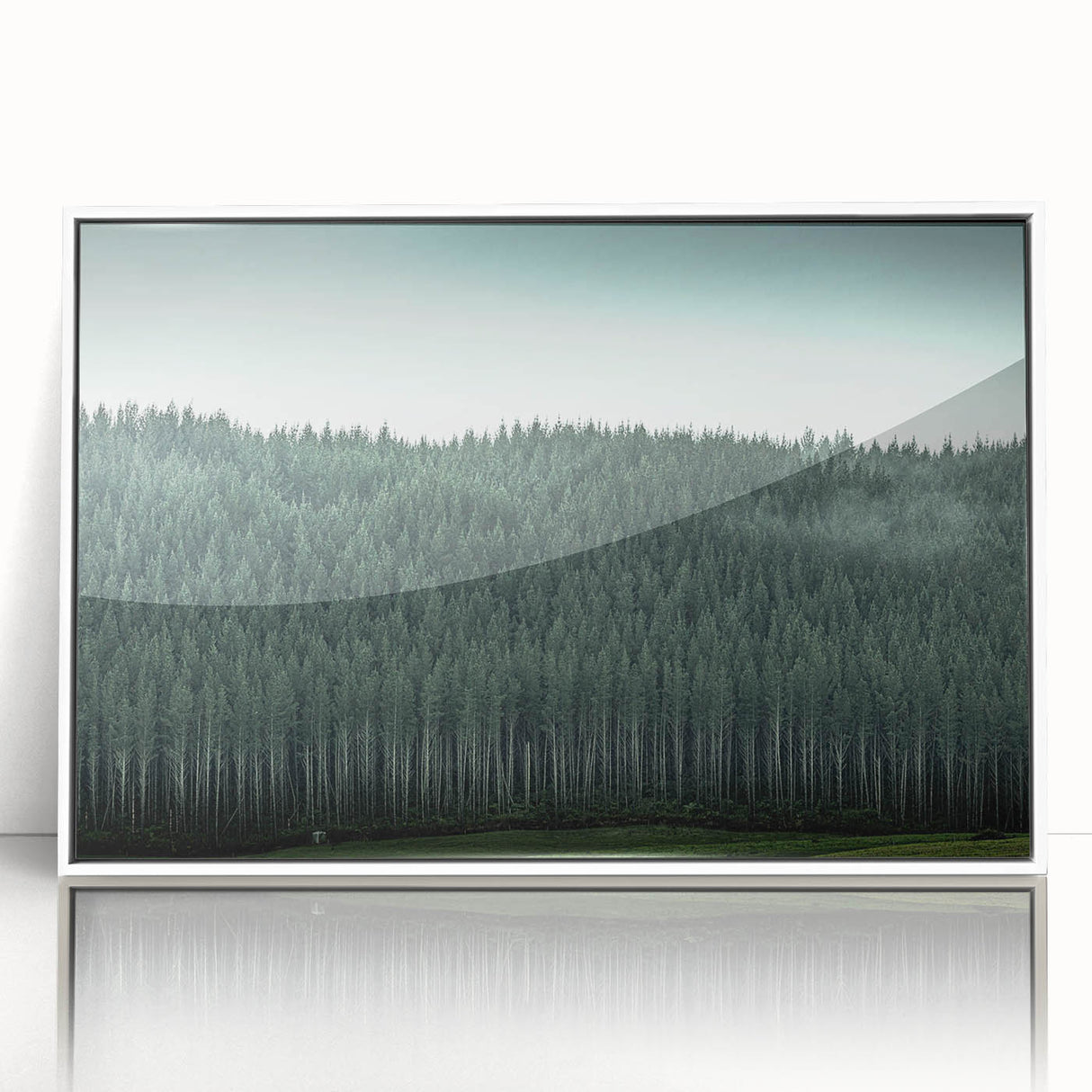 Art deco poster of Auckland skyline with muted blue and gray tones on a white framed acrylic.