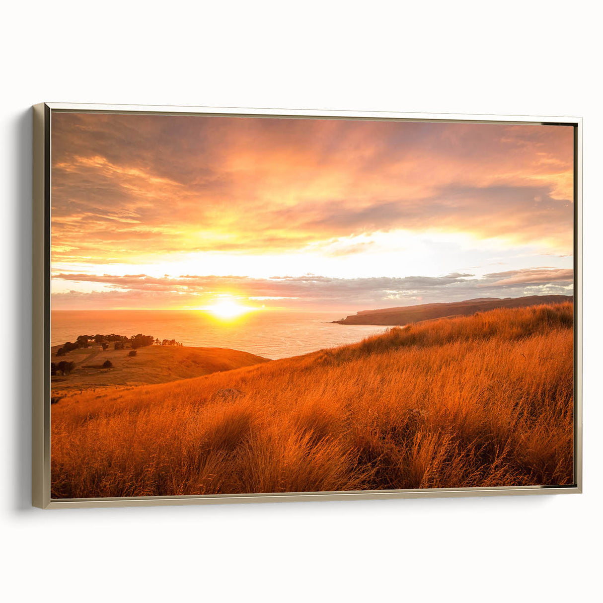 Framed canvas of a vintage-style New Zealand Canterbury landscape in muted gold and black tones, ideal for bedroom wall art.