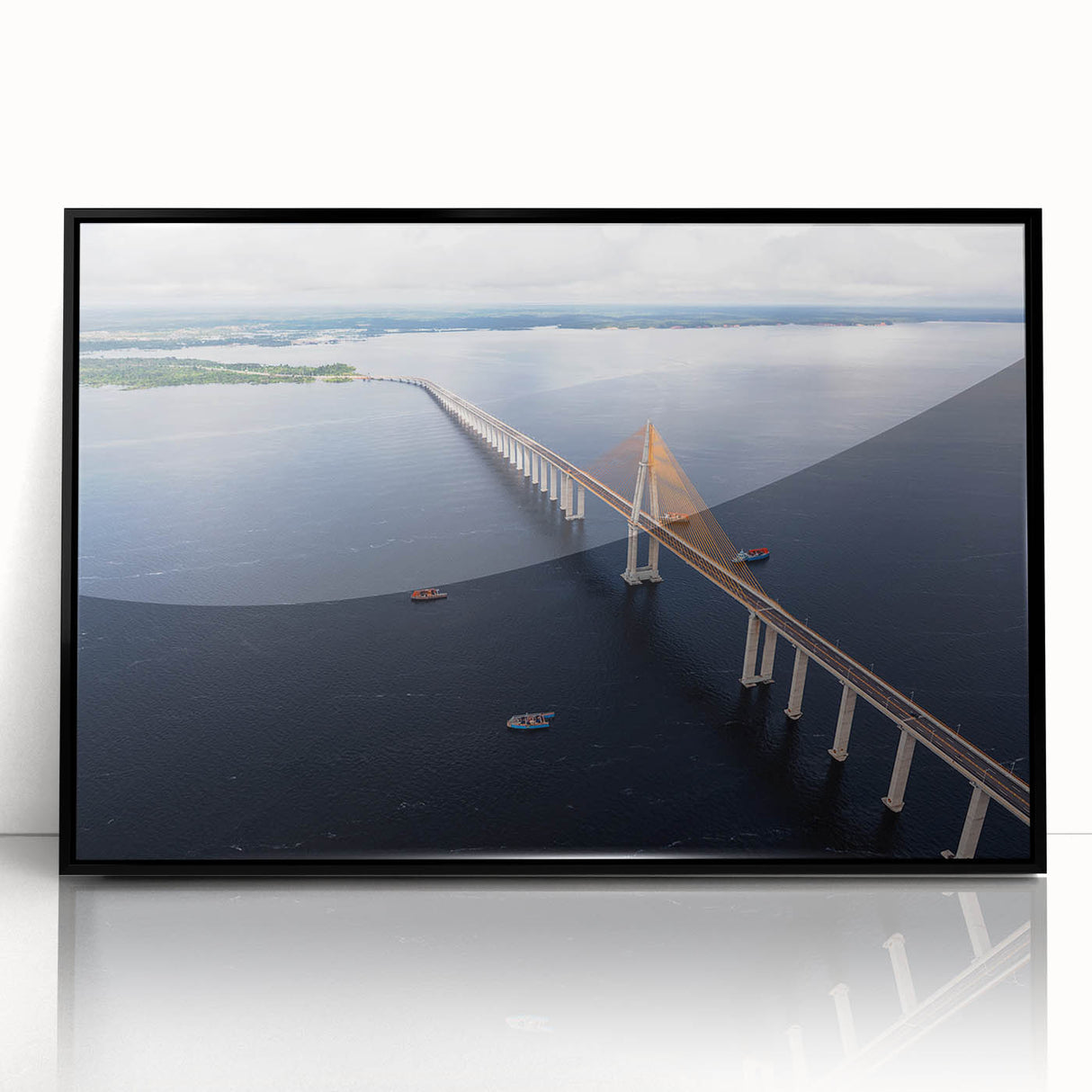Large abstract wall art depicting a stylized Brazilian landscape in vivid colors, framed in black acrylic.