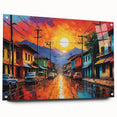 Acrylic print of a large abstract depiction of a South American scenery in vibrant colors, ideal for dining room decor.