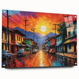 Acrylic print of a large abstract depiction of a South American scenery in vibrant colors, ideal for dining room decor.