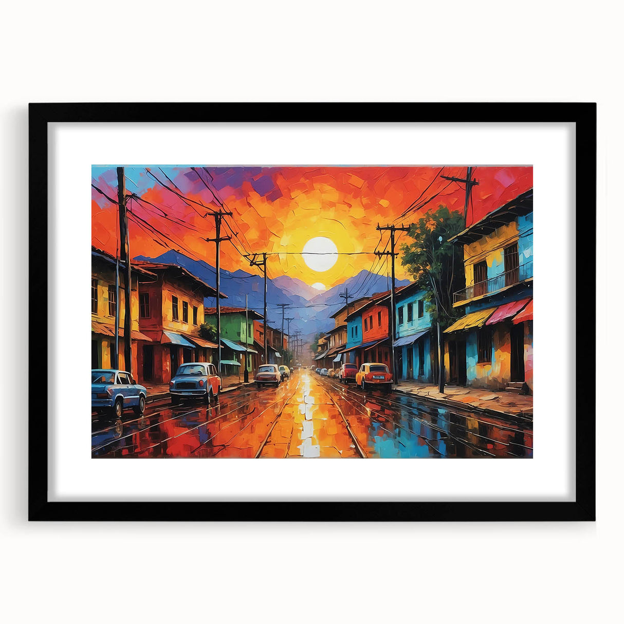 Extra large, textured abstract art print with a colorful depiction of a Colombian landscape on a framed black mat.