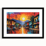 Extra large, textured abstract art print with a colorful depiction of a Colombian landscape on a framed black mat.