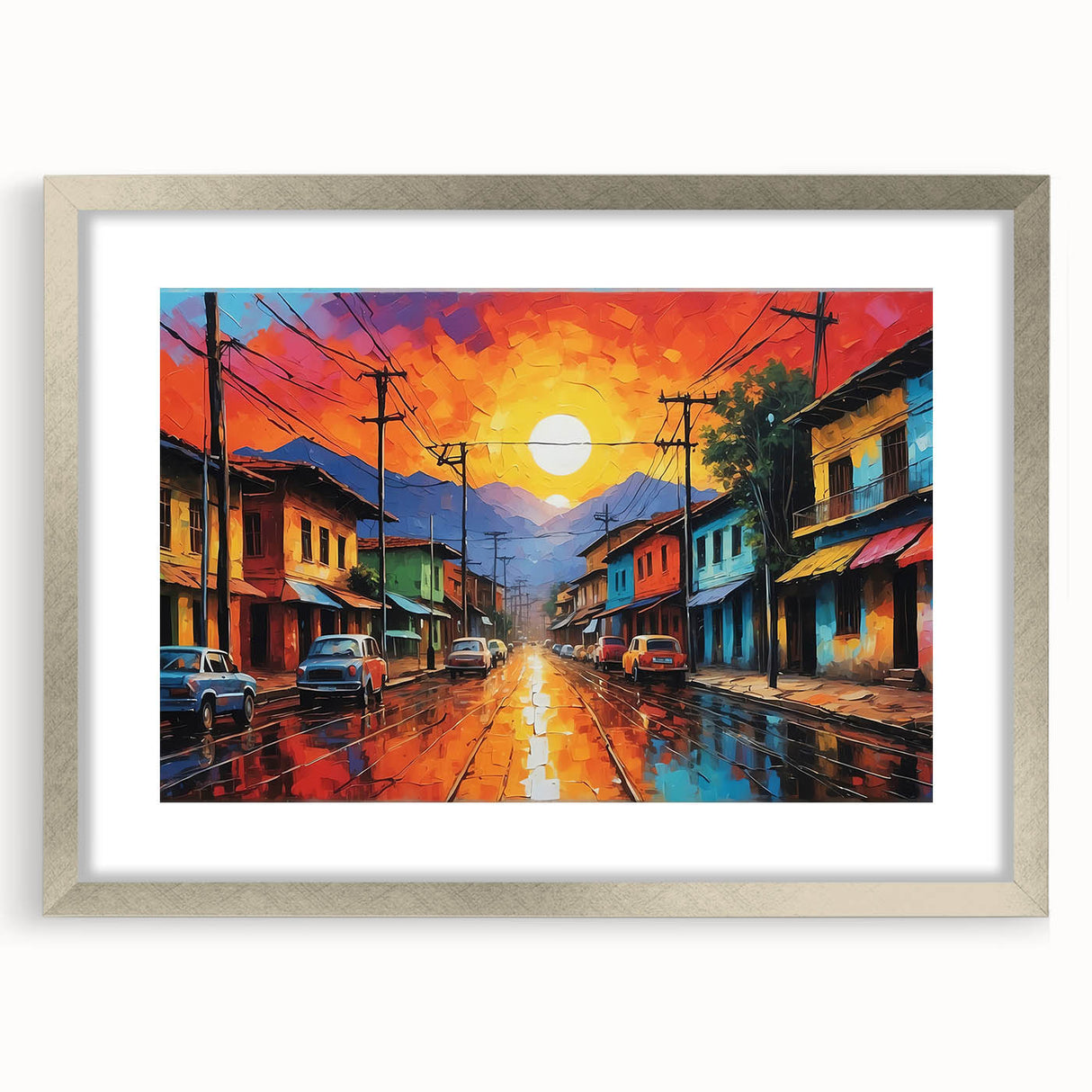 Textured abstract art print of a Colombian landscape in muted earth tones on a silver-framed canvas.