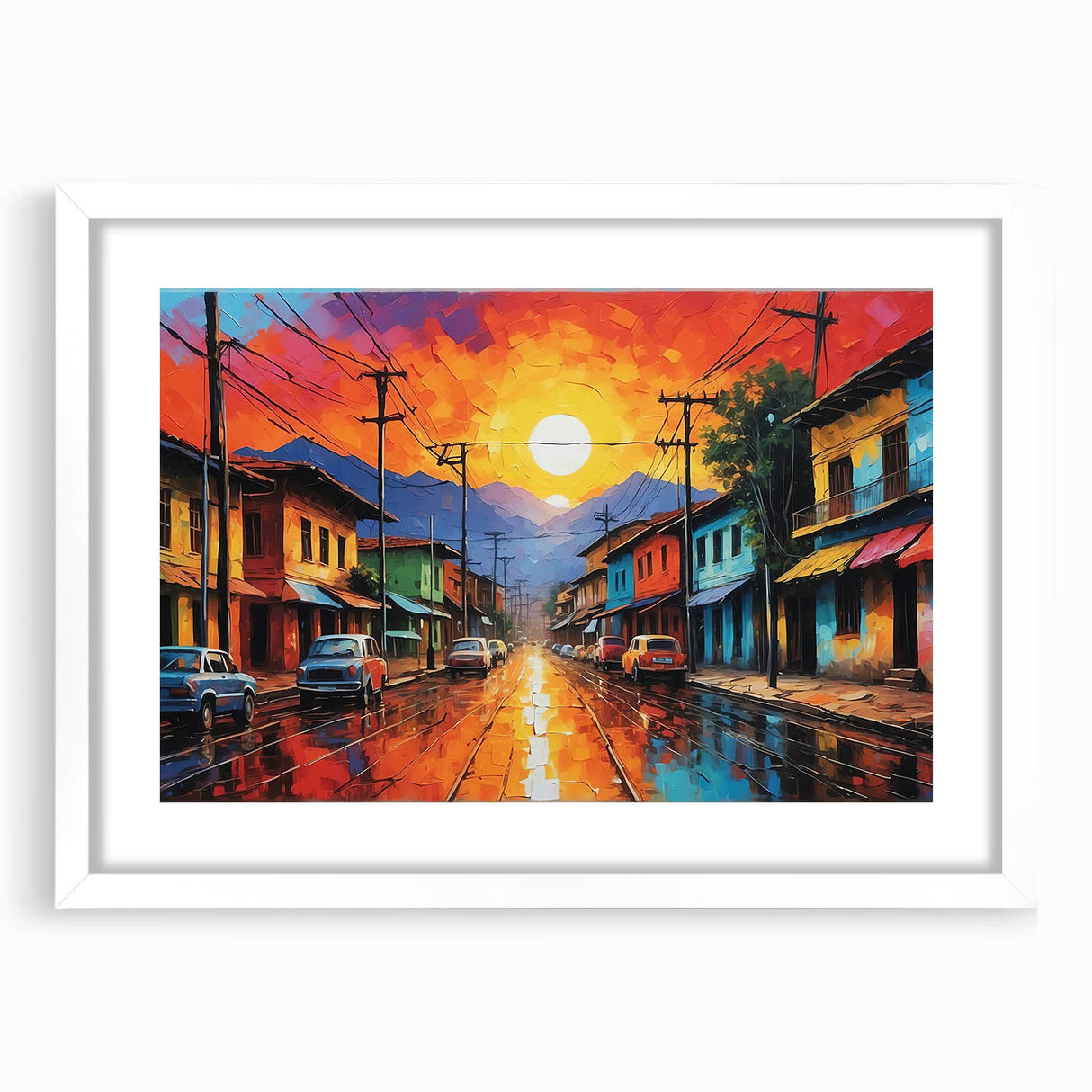 Abstract art print of a Colombian landscape in muted earth tones on a framed white mat, suitable for dining room decor.