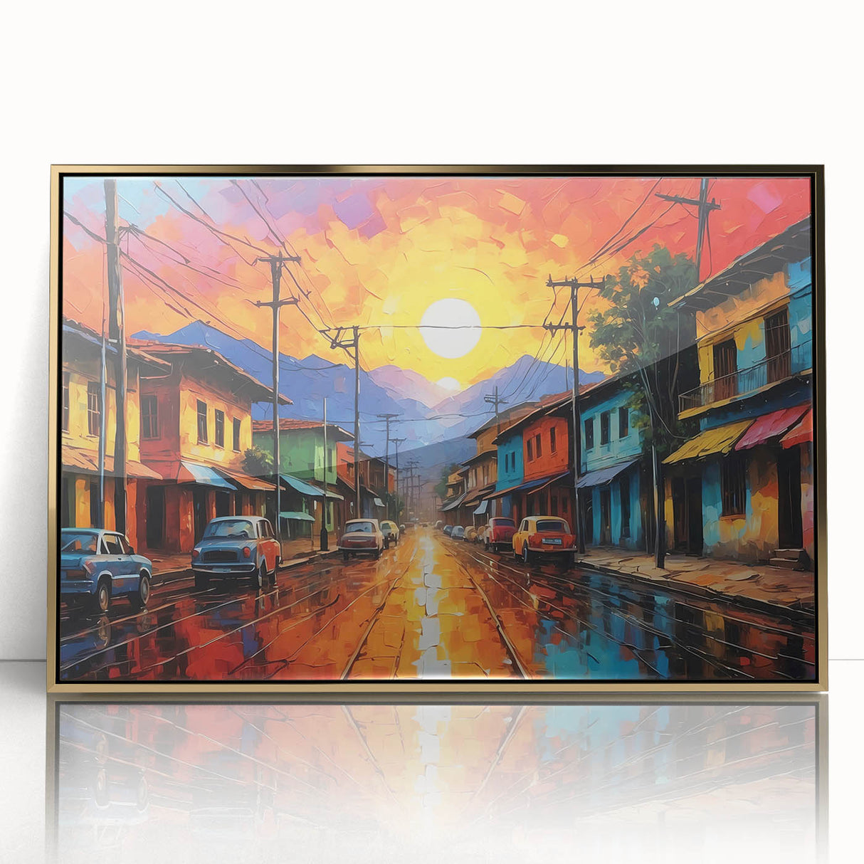 Large art print of a Colombian landscape in gold frame, featuring mid-century modernist style.
