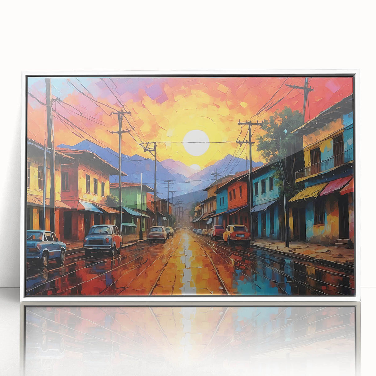 Art deco poster featuring a vibrant Colombian landscape on a white acrylic frame, ideal for modern art wall decor.