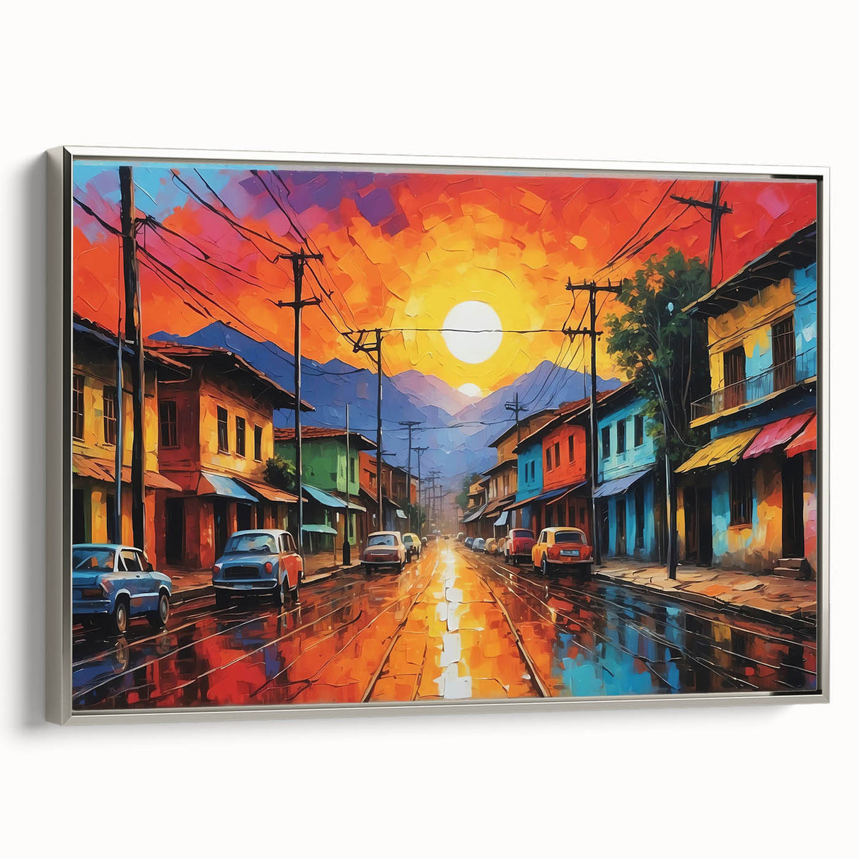 Framed canvas landscape art painting depicting a colorful Colombian village, ideal for adding a vintage touch to any room.