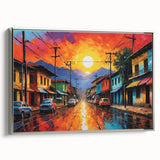 Framed canvas landscape art painting depicting a colorful Colombian village, ideal for adding a vintage touch to any room.