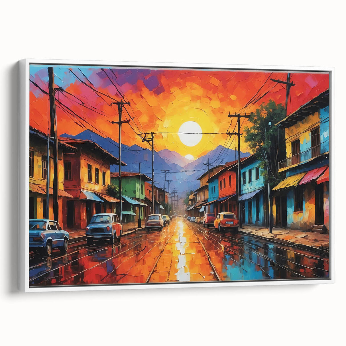 Vintage poster art of a colorful Colombian landscape on a framed canvas, ideal for living room decor.