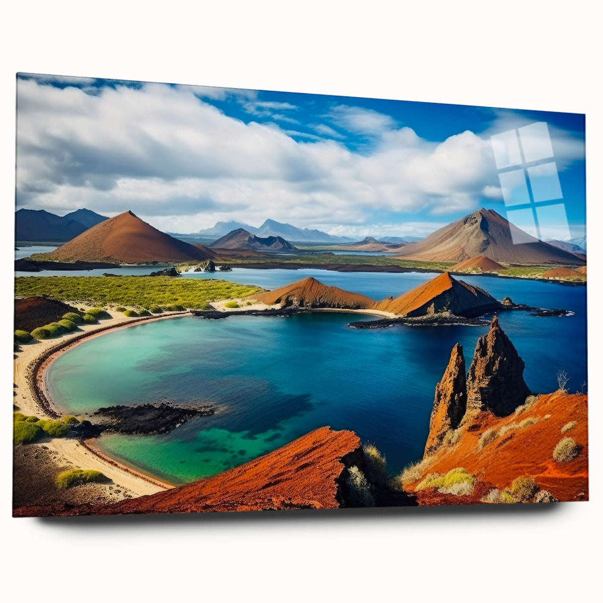 Acrylic print of a large abstract depiction of the Galapagos, featuring vibrant blue and green tones.