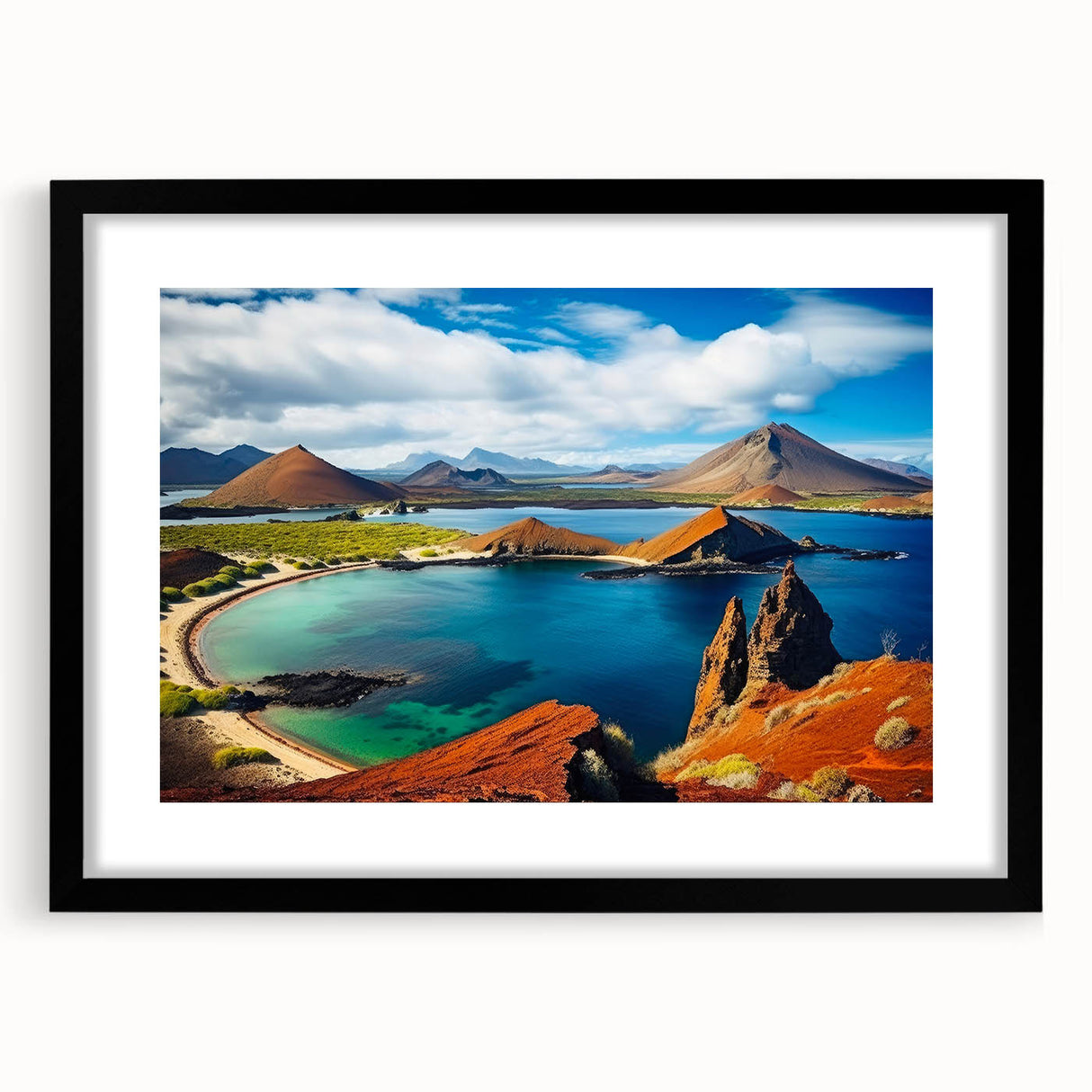 Extra large abstract art print of a colorful Galapagos scenery on textured canvas, framed in black.