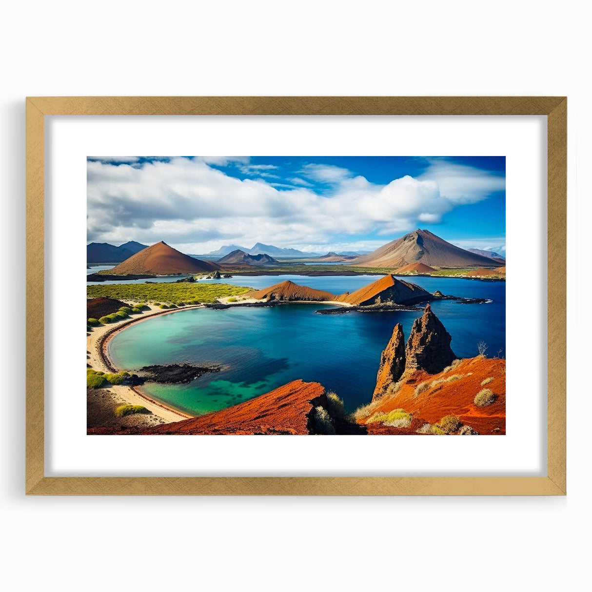 Extra large abstract art print of Galapagos scenery in muted earth tones on a gold-framed canvas.