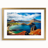 Extra large abstract art print of Galapagos scenery in muted earth tones on a gold-framed canvas.