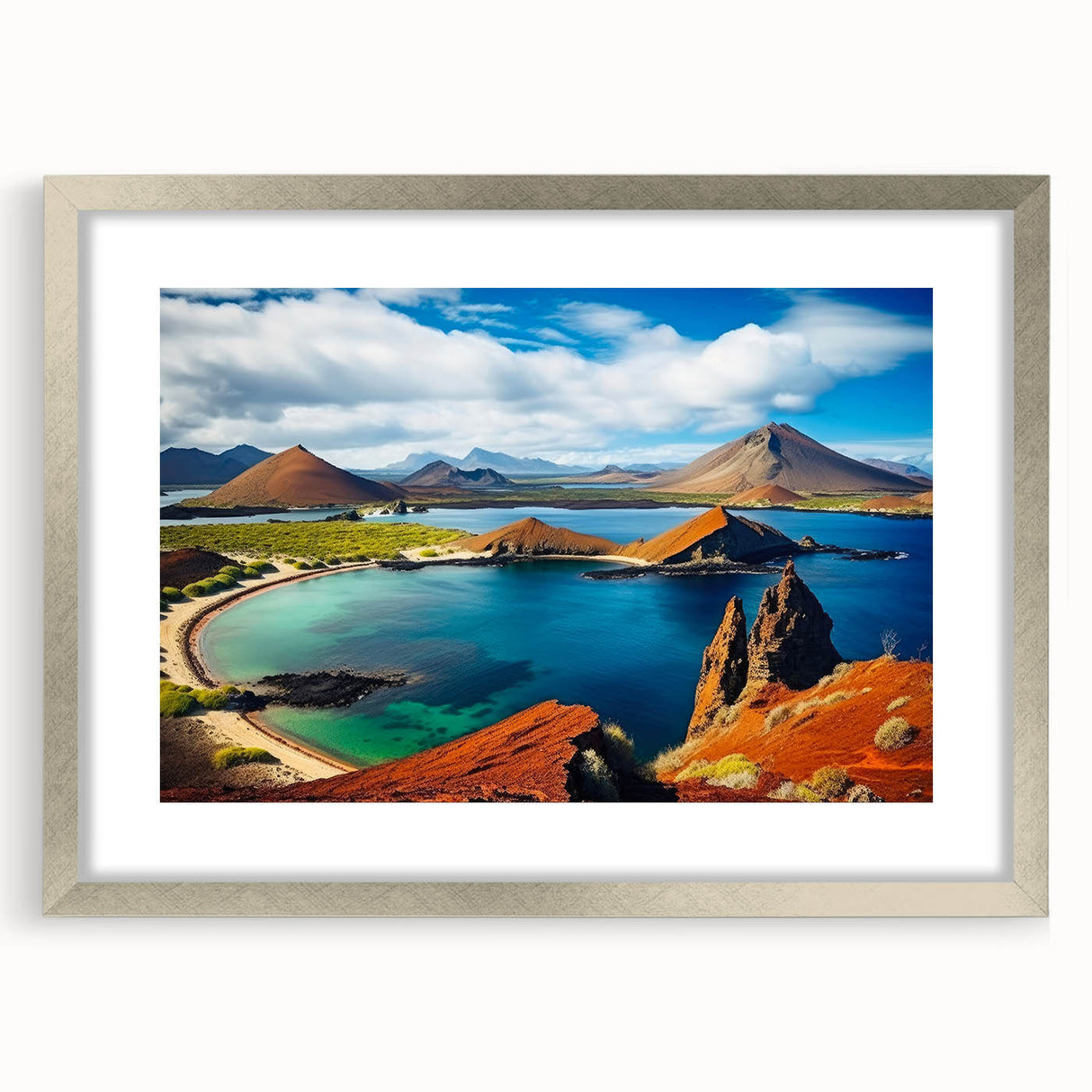 Textured abstract art print of a Galapagos scenery in muted earth tones, framed in silver, ideal for bedroom art.