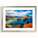 Textured abstract art print of a Galapagos scenery in muted earth tones, framed in silver, ideal for bedroom art.