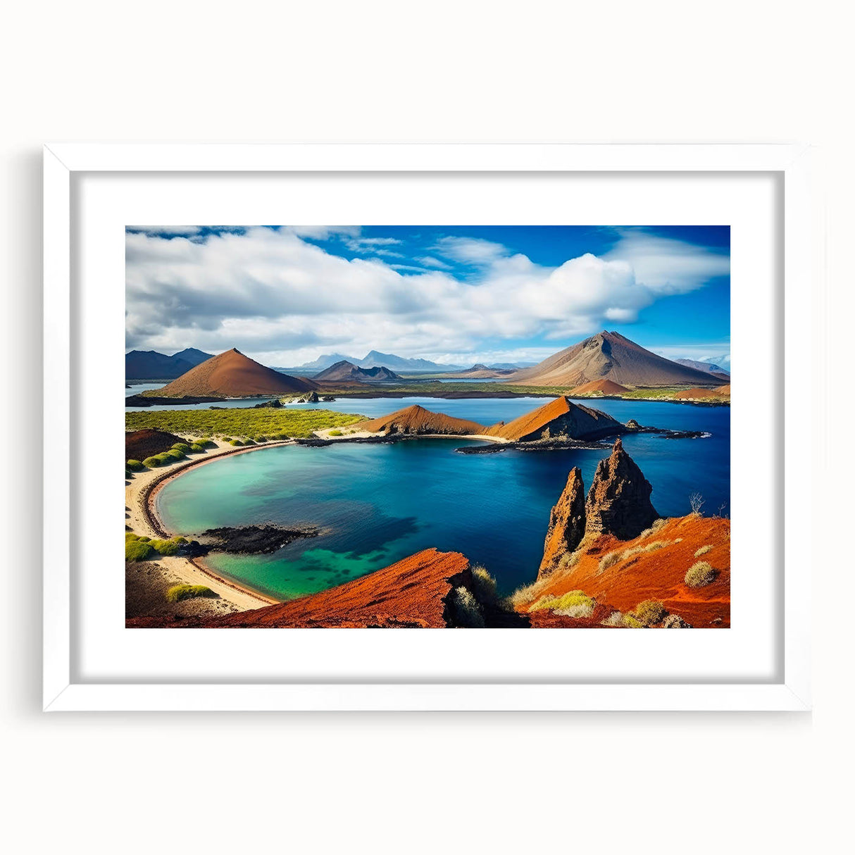 Abstract art print of a Galapagos scenery in muted earth tones on a framed white mat, ideal for dining room decor.