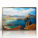 Mid-century modernist acrylic print of Galapagos scenery in gold frame, ideal for modern art wall decor.