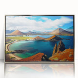 Mid-century modernist art of Galapagos scenery in muted tones on a silver-framed acrylic, ideal for nursery wall art.