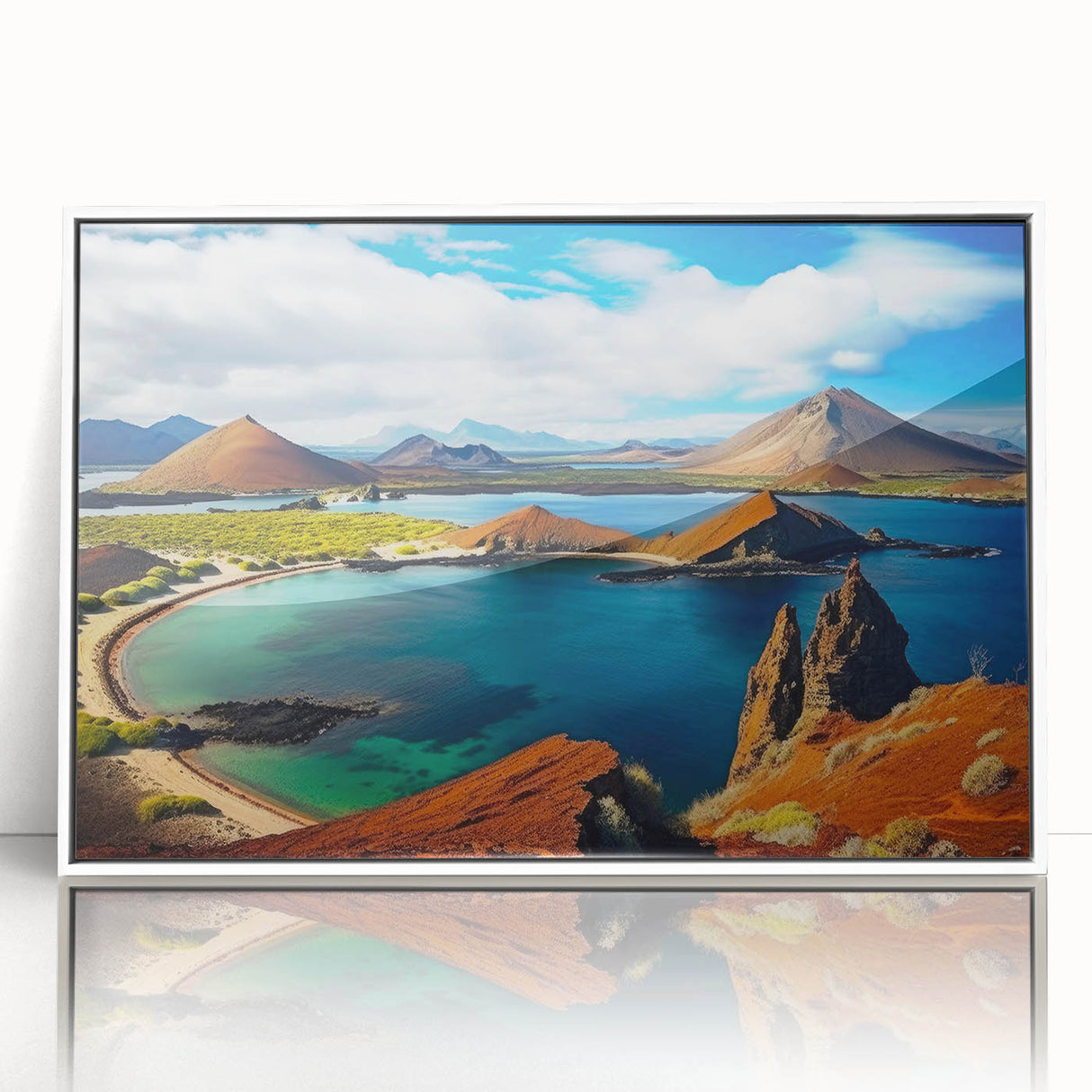 Modern art wall decor featuring a scenic view of the Galapagos, in a white acrylic frame, suitable for nursery wall art.