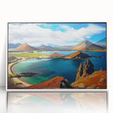 Modern art wall decor featuring a scenic view of the Galapagos, in a white acrylic frame, suitable for nursery wall art.